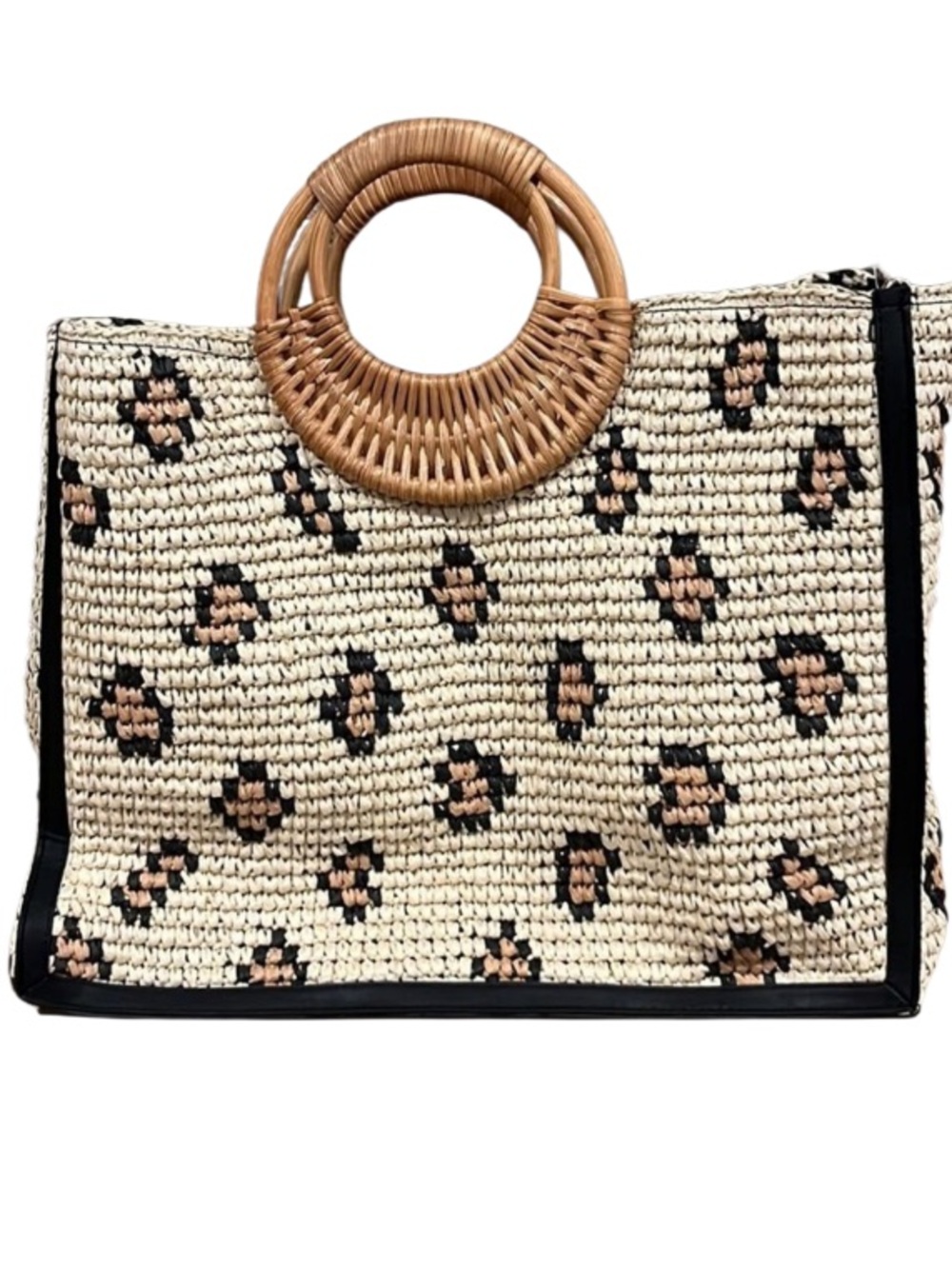 H&M Woven Leopard Print Straw Tote with Rattan Handles. Textured. Crossbody